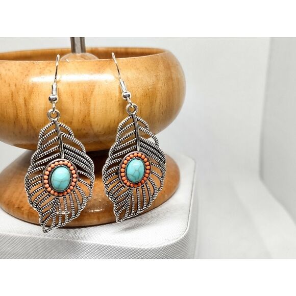 Boho Feather Turquoise Stone Dangle Statement Earrings Drop Cutout Chandelier - Picture 2 of 8